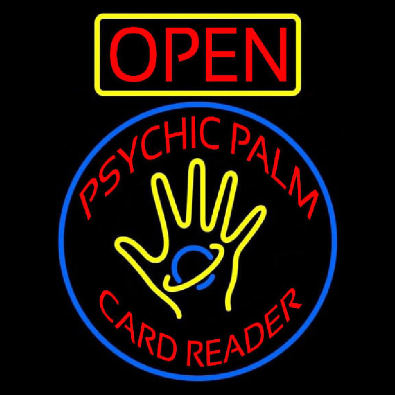 Red Psychic Palm Card Reader Open Neon Skilt