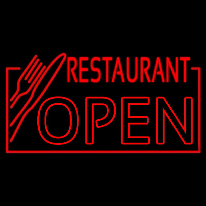 Red Restaurant Open With Knife And Fork Neon Skilt