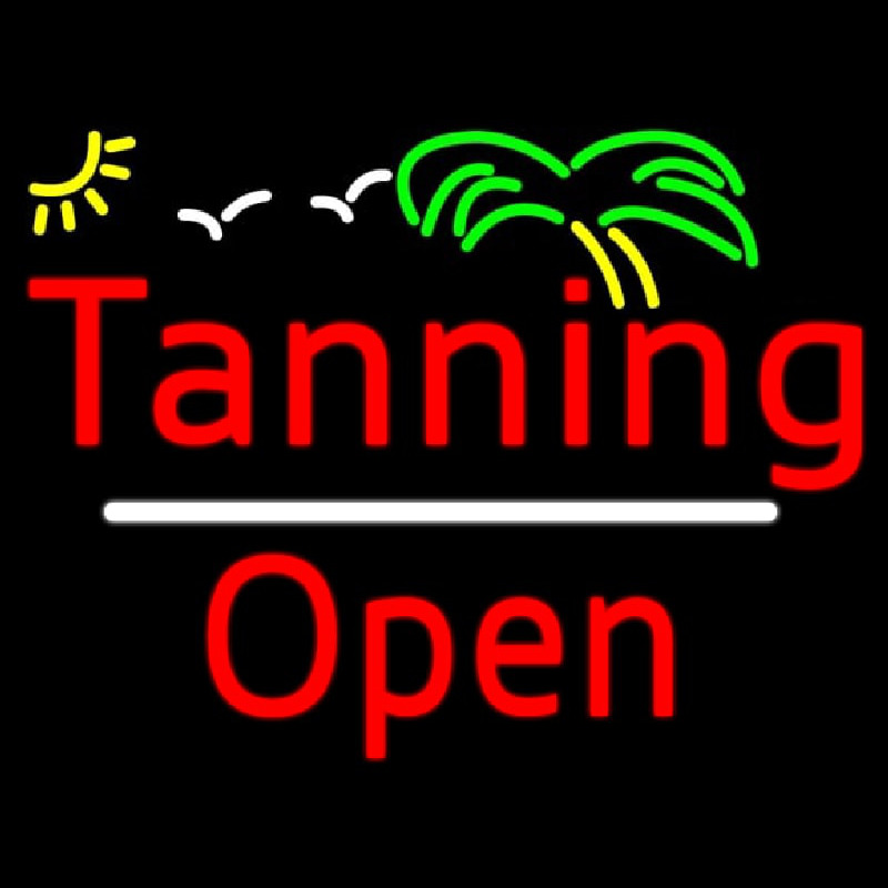 Red Tanning Open White Line With Palm Tree Neon Skilt