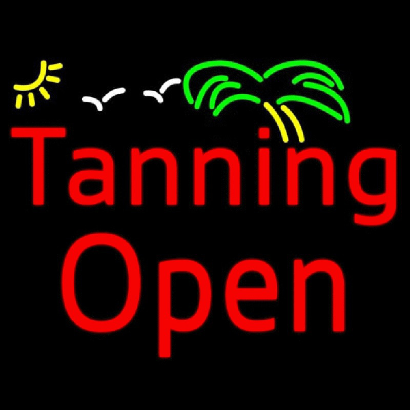 Red Tanning Open With Palm Tree Neon Skilt