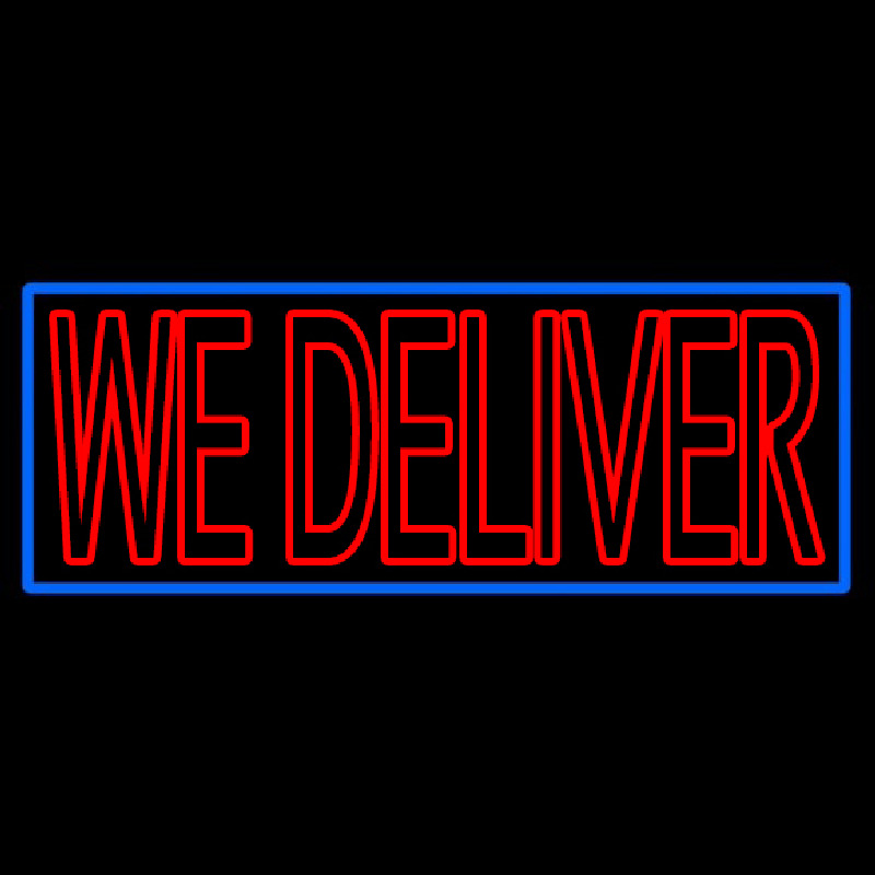 Red We Deliver With Blue Border Neon Skilt