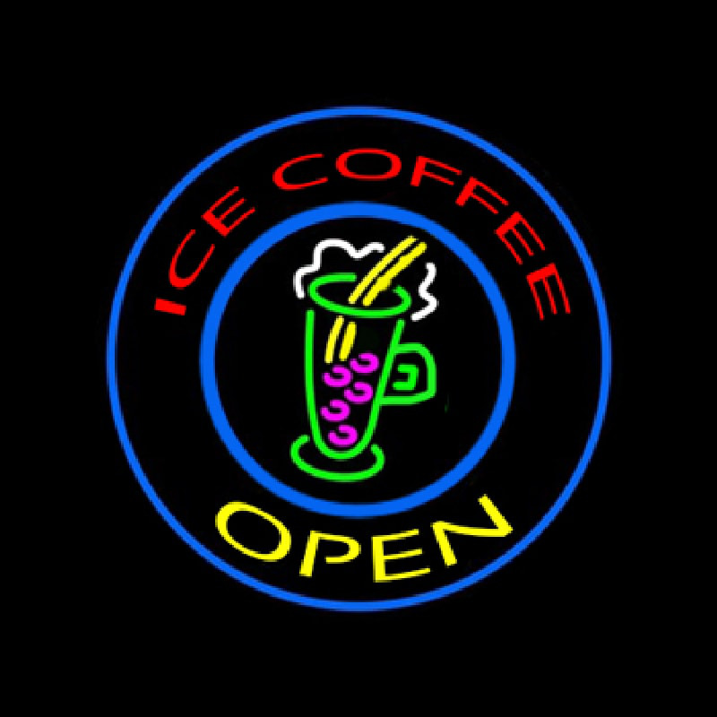 Round Ice Coffee Open Neon Skilt