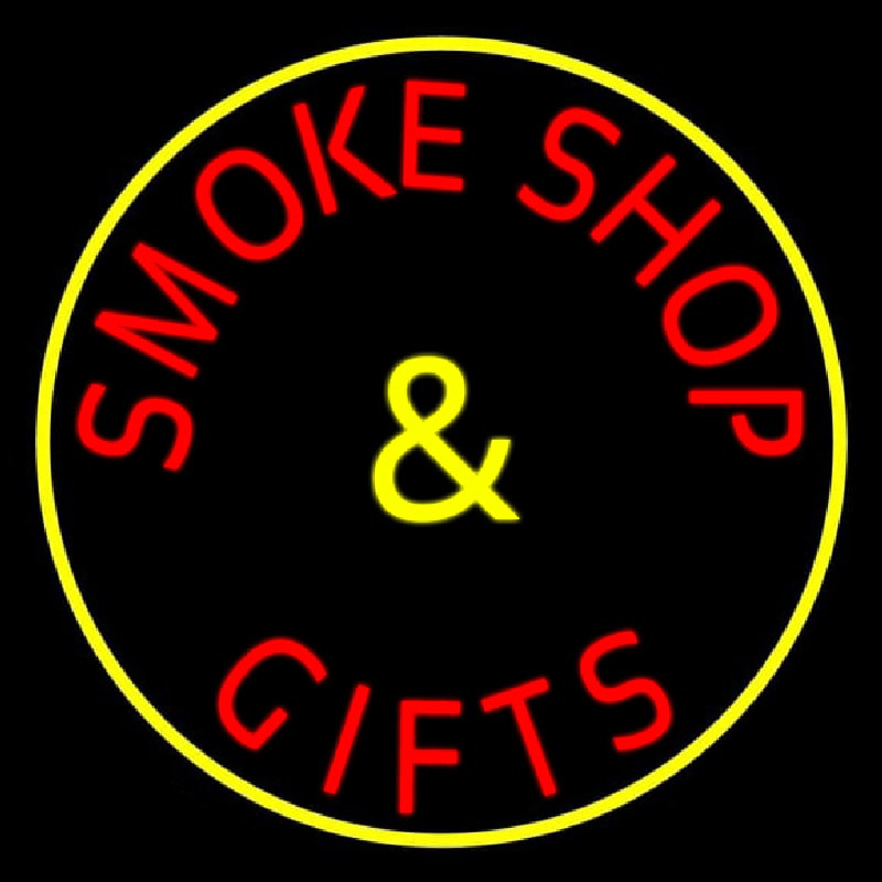 Smoke Shop And Gifts With Yellow Border Neon Skilt