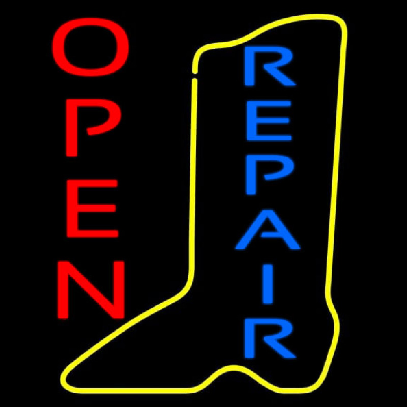 Vertical Yellow Shoe Blue Repair Open Neon Skilt