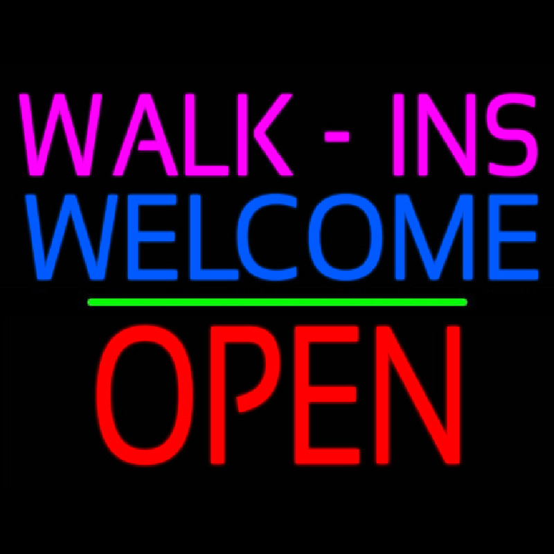 Walk Ins Welcome Block Open Green Line Neon Skilt