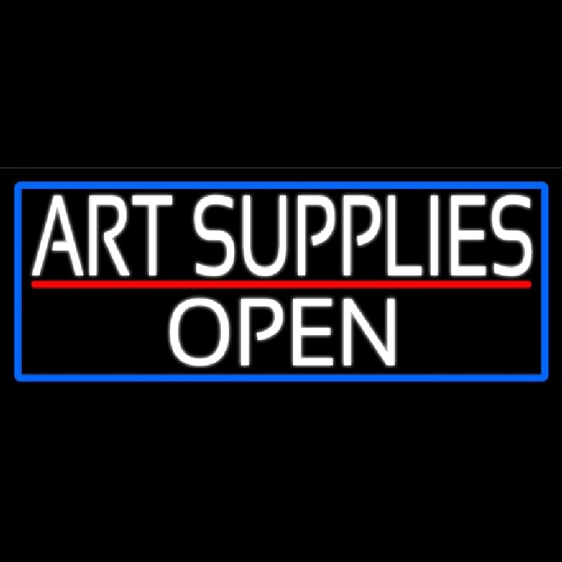 White Art Supplies Open With Blue Border Neon Skilt