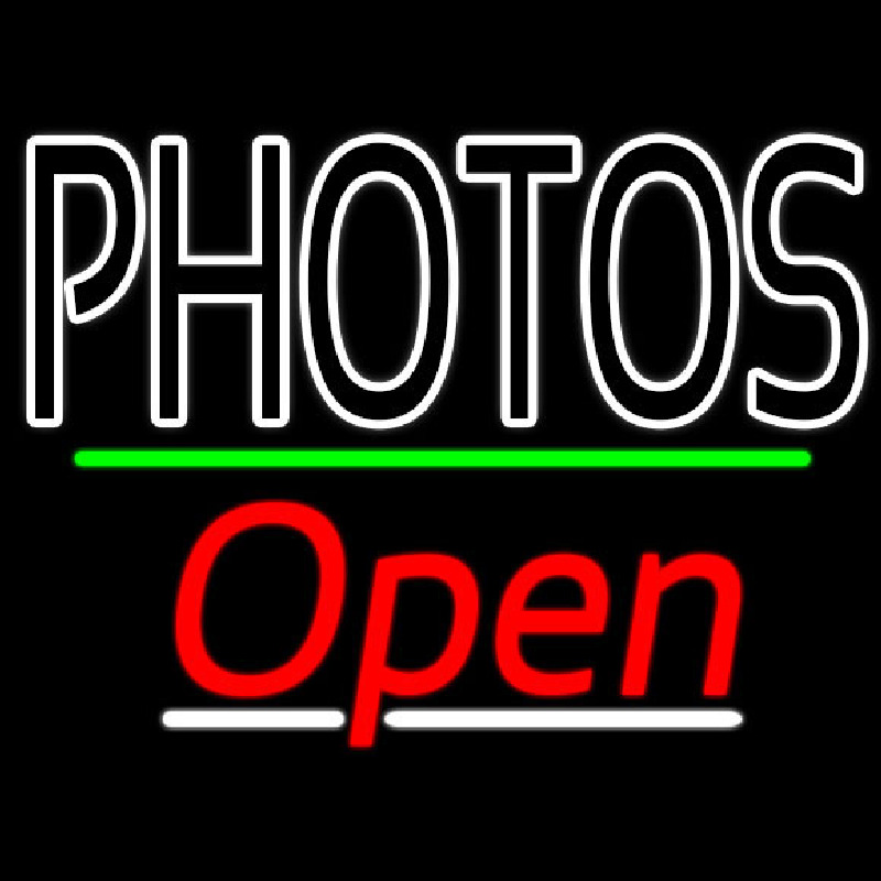 White Double Stroke Photo Open 3 Neon Skilt