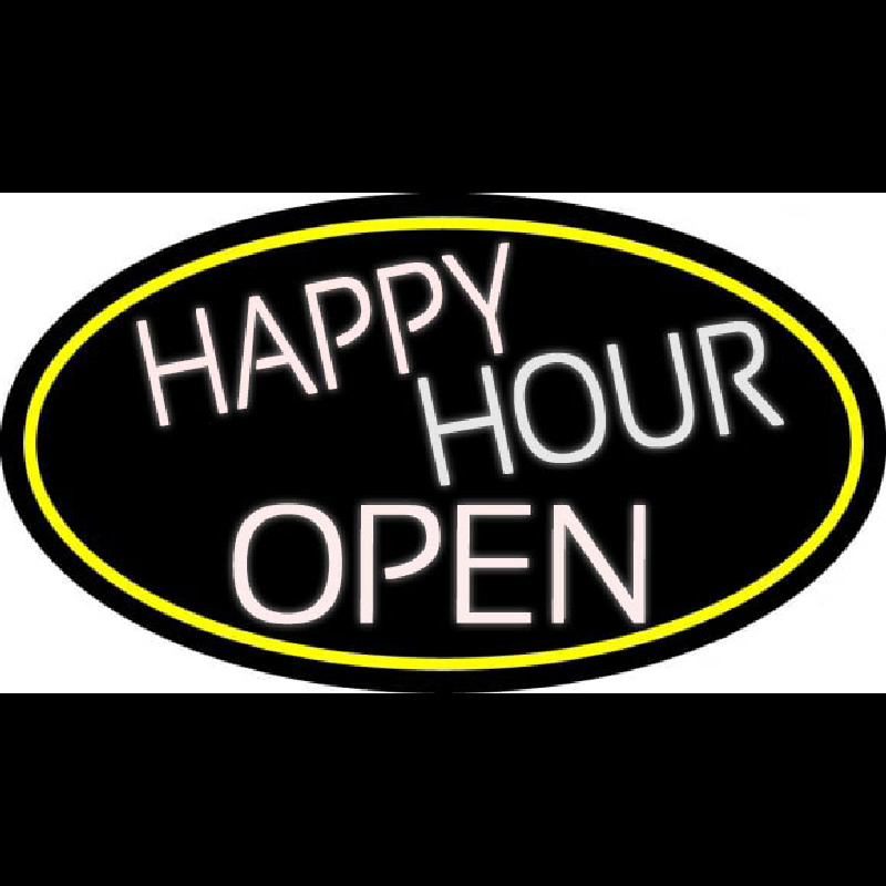 White Happy Hour Open Oval With Yellow Border Neon Skilt