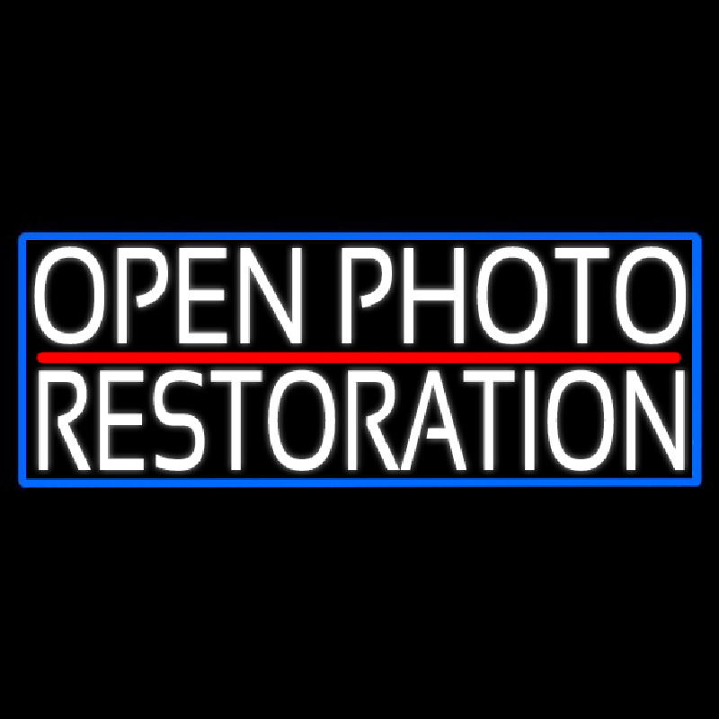 White Open Photo Restoration With Blue Border Neon Skilt