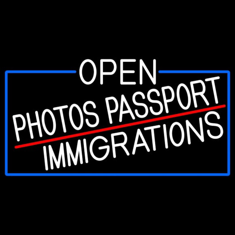 White Open Photos Passport Immigrations With Blue Border Neon Skilt