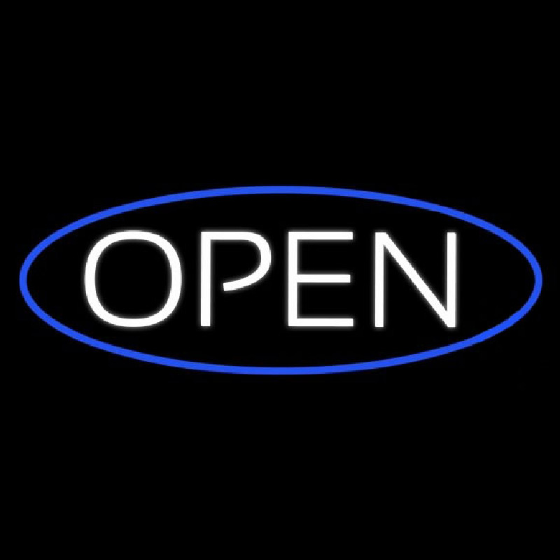 White Open With Blue Oval Border Neon Skilt