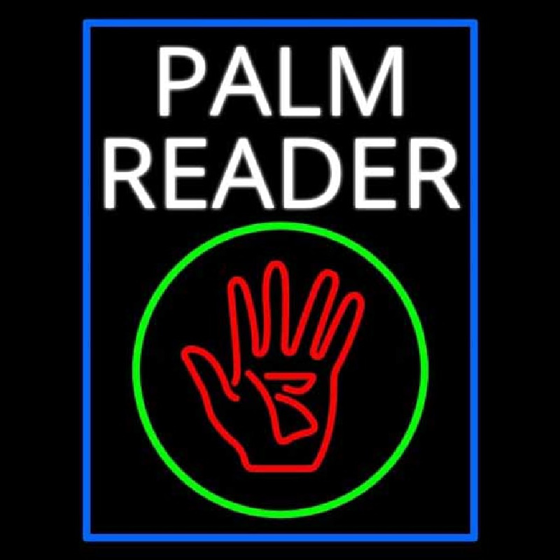 White Palm Reader With Logo Blue Border Neon Skilt