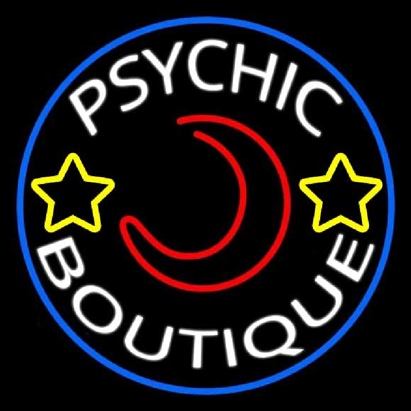 White Psychic Boutique Blue Border Neon Skilt