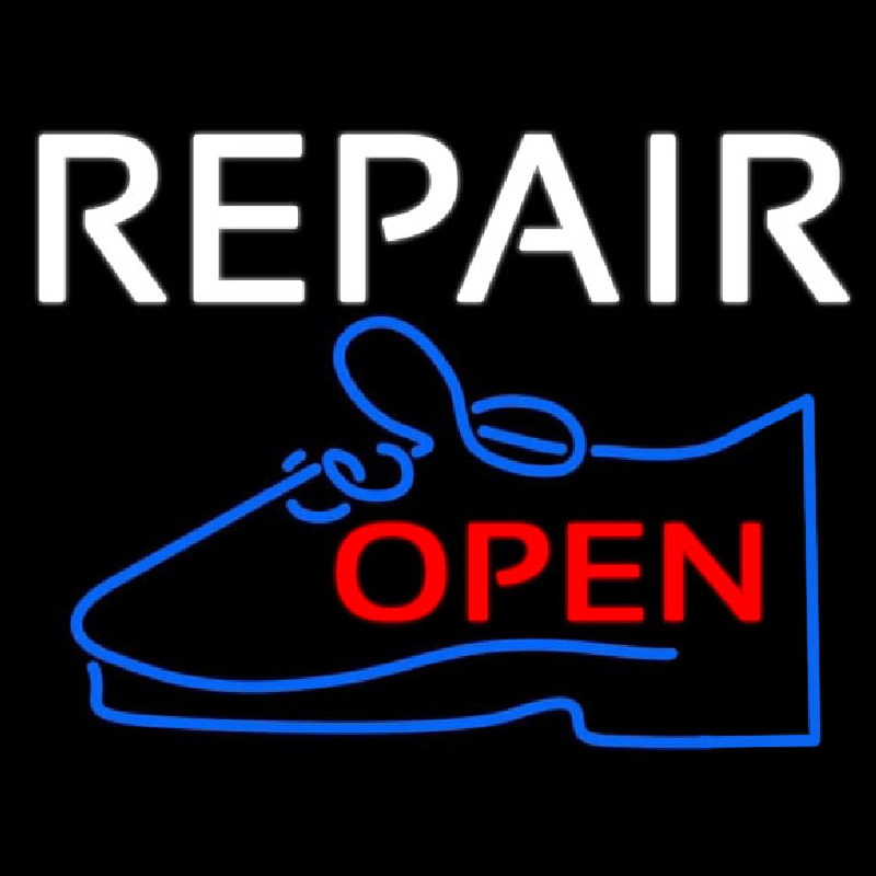 White Repair Blue Shoe Open Neon Skilt