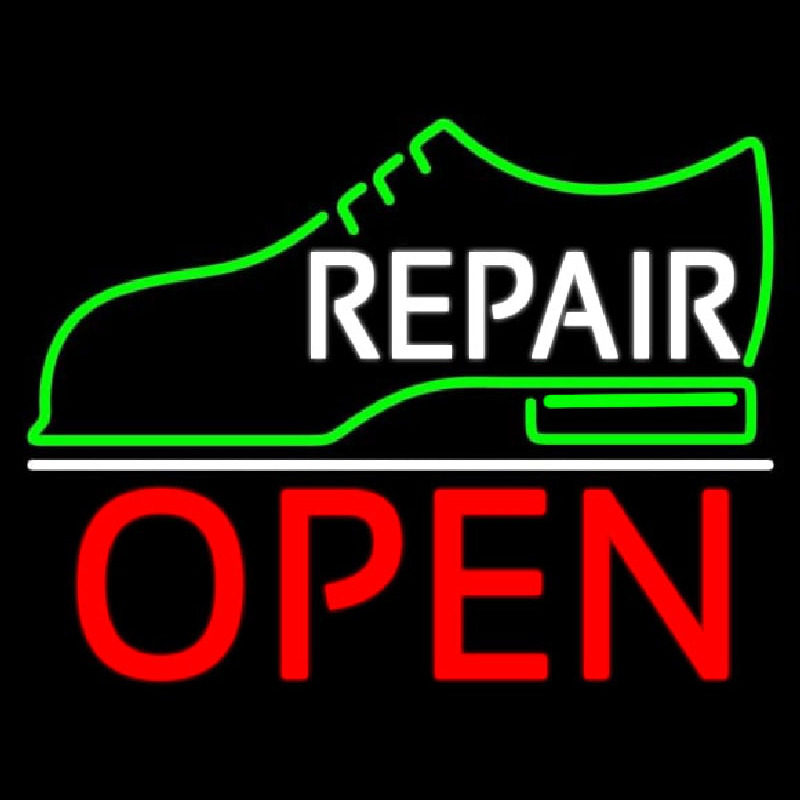 White Repair Shoe Logo Open Neon Skilt