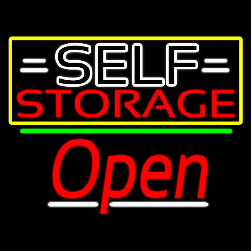 White Self Storage Block With Open 3 Neon Skilt