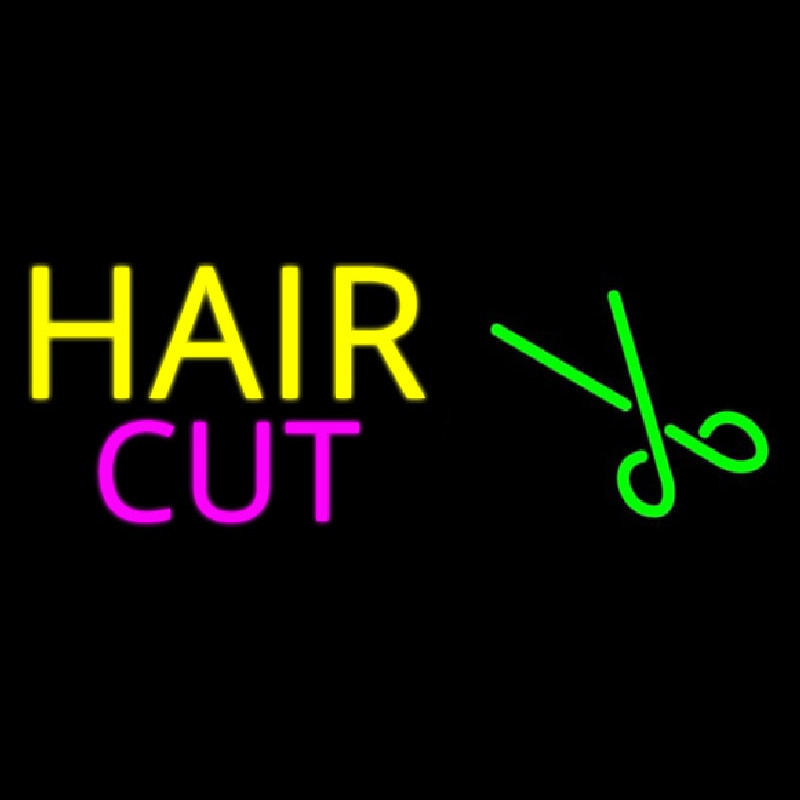 Yellow Hair Cut With Scissor Neon Skilt