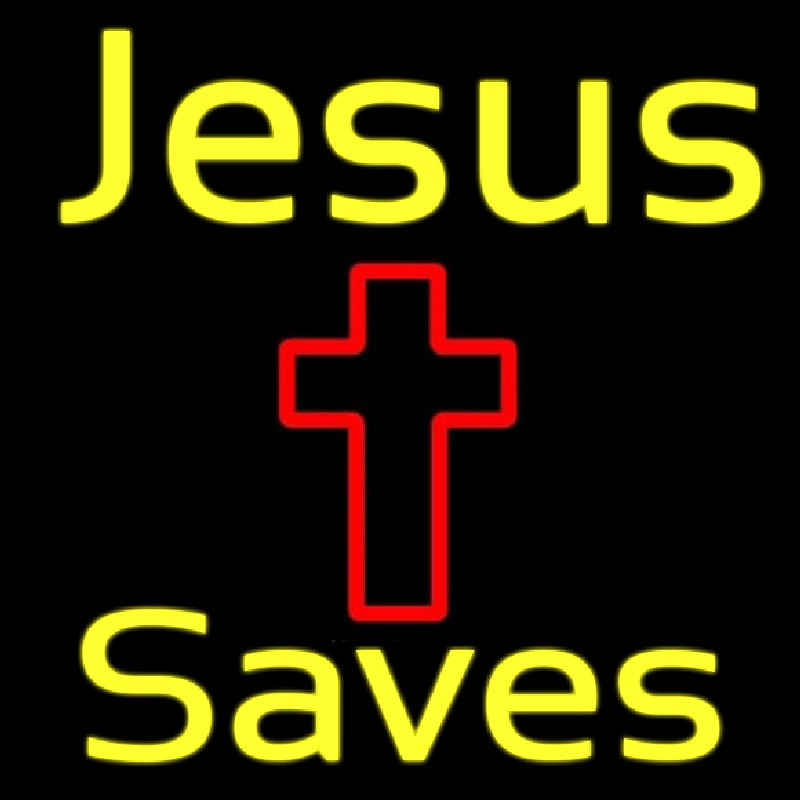 Yellow Jesus Saves With Cross Neon Skilt