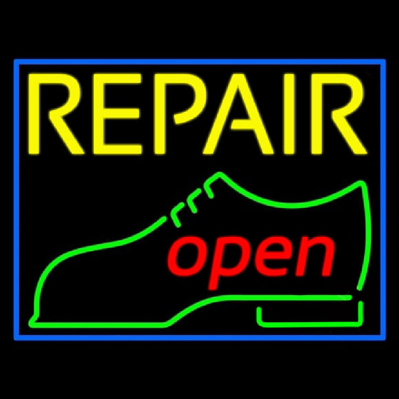 Yellow Repair Shoe Logo Open Neon Skilt