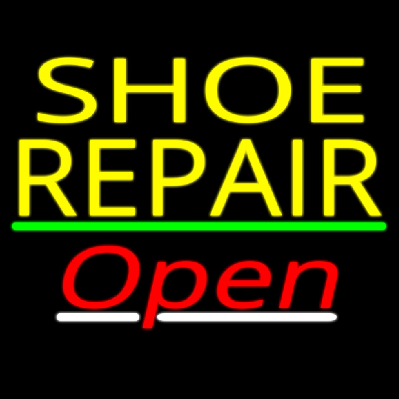 Yellow Shoe Repair Open With Green Line Neon Skilt