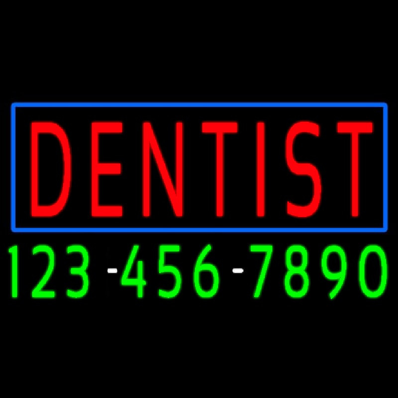 Red Dentist Blue Border With Phone Number Neon Skilt