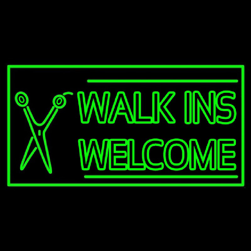 Green Walk Ins Welcome With Scissor Neon Skilt