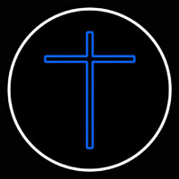 Blue Christian Cross White Border Neon Skilt