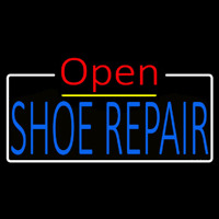 Blue Shoe Repair Open White Border Neon Skilt