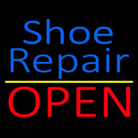 Blue Shoe Repair Open With Yellow Line Neon Skilt