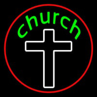 Green Church With Cross Neon Skilt