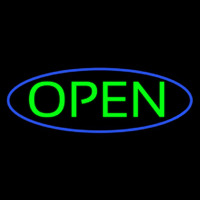 Green Open With Blue Oval Border Neon Skilt