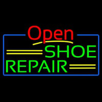 Green Shoe Repair Open With Blue Border Neon Skilt