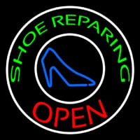 Green Shoe Repairing Open With Border Neon Skilt