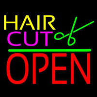 Hair Cut Logo Block Open Green Line Neon Skilt