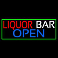 Liquor Bar Open With Green Border Neon Skilt