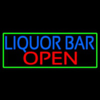 Liquor Bar Open With Green Border Neon Skilt