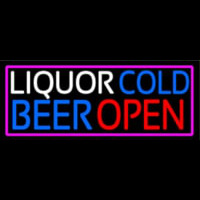 Liquors Cold Beer Open With Pink Border Neon Skilt