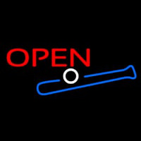 Open In Bright Red With Blue Bat And White Ball Neon Skilt