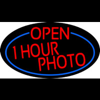 Red Open One Hour Photo Oval With Blue Border Neon Skilt