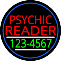 Red Psychic Reader With Green Phone Number And Blue Border Neon Skilt