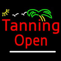 Red Tanning Open White Line With Palm Tree Neon Skilt