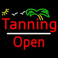 Red Tanning Open White Line With Palm Tree Neon Skilt