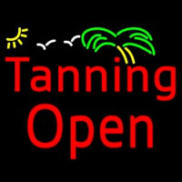 Red Tanning Open With Palm Tree Neon Skilt