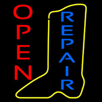 Vertical Yellow Shoe Blue Repair Open Neon Skilt