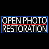 White Open Photo Restoration With Blue Border Neon Skilt