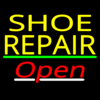 Yellow Shoe Repair Open With Green Line Neon Skilt